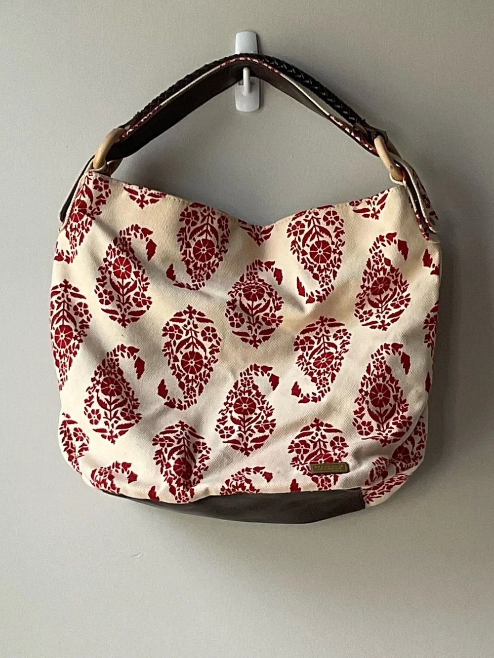 Stephanie Johnson Cream and Red Patterned Canvas Hobo Bag